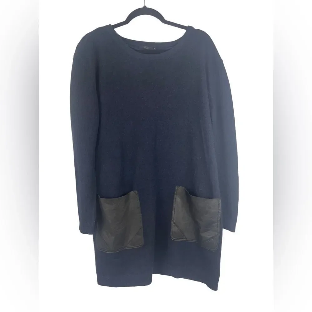 COS oversized navy blue mini dress sweater w black faux leather pockets sz M - Picture 7 of 14